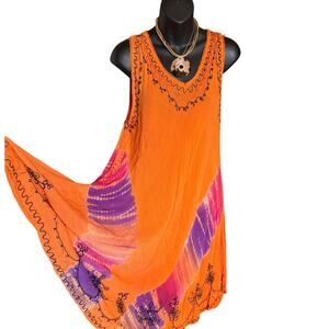 ✨ Boho Festival Embroidered Maxi Dress / Tie Dye Handkerchief Hem